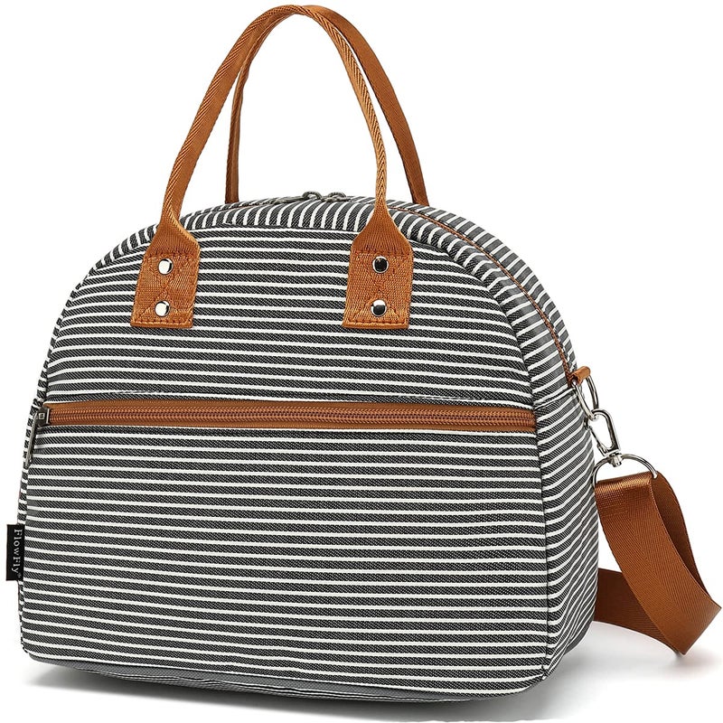FlowFly Insulated Lunch Bag With Shoulder Strap for Women, Men, and Kids, Large and Reusable, Handle, Freezable Work and School Travel Tote and Meal Prep Organizer,White and Black Stripes - Image 1